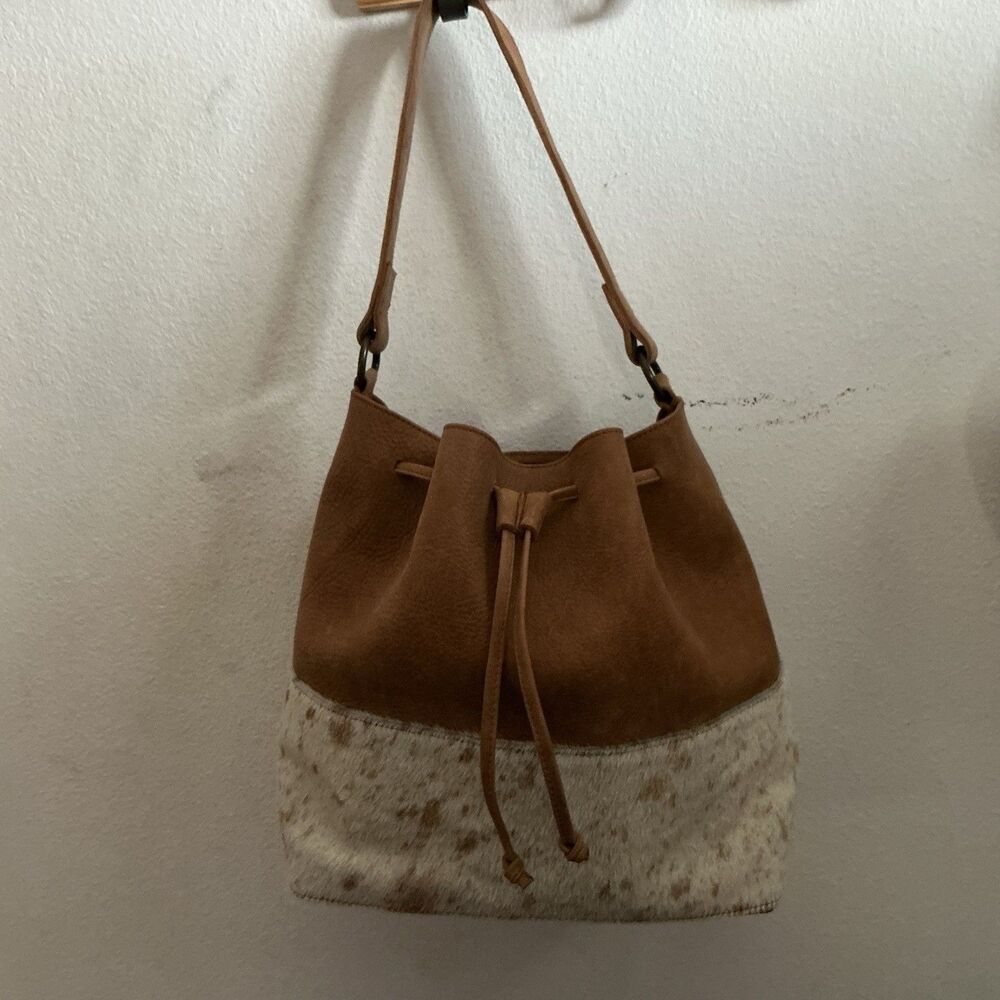 Handmade Brazil Leather Hair On Hide Bucket Brown Cream Drawstring Purse Boho
